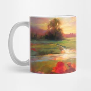 Farmhouse and field of poppies at sunset Mug